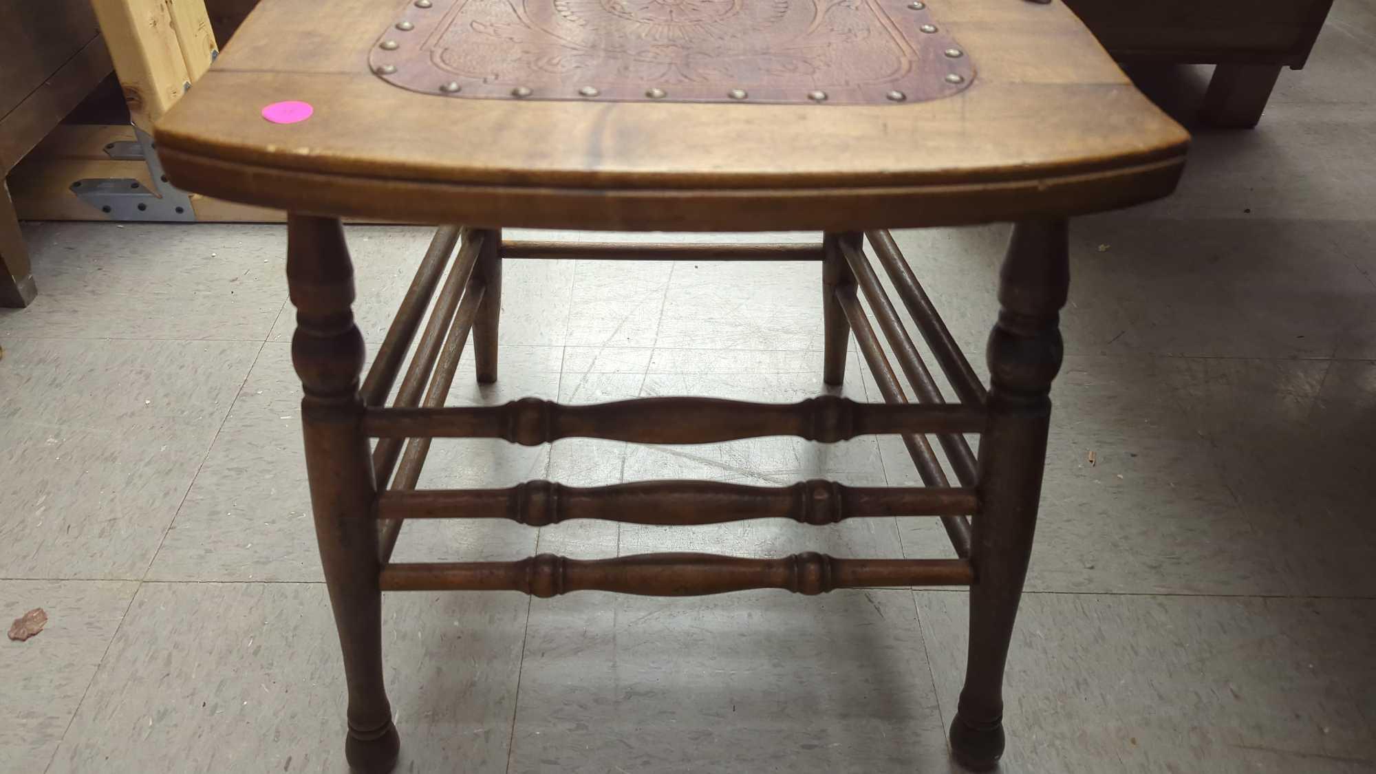 EARLY STYLE WOODEN PRESS BACK DINING CHAIR WITH A PRESS BOTTOM, BOTTOM HAS NAIL HEAD TRIM AROUND