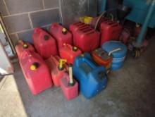 (WS) LOT OF (20) VARIOUS SIZED GAS CANS, SOME METAL AND SOME PLASTIC. SOME STILL HAVE GAS IN THEM.