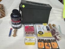 BLACK POWDER LOT TO INCLUDE A GREEN METAL AMMO CAN, KNIGHT RED HOT BULLETS .45 CAL, POWERBELT