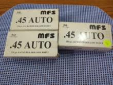 LOT of (3) boxes MFS .45 auto 230 GR. Jacketed hollow point cartridges. Each box contains 50