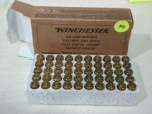 BOX OF WINCHESTER .380 AUTO .95 GRAIN FULL METAL JACKET SERVICE GRADE ROUNDS. TOTAL OF 50.