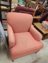 Pink Arm Chair with Dark Pink Polka Dots on Roller Wheels Dimensions - 35" H x 32" W x 38" D