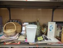 SHELF LOT OF ASSORTED ITEMS TO INCLUDE, MAINSTAYS DECOR FLOURESCENT DESK LAMP, SMALL WHITE TRASH BIN