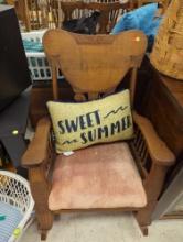 Lot of 2 Items Including 1 Medium brown Colored Wooden Rocking Chair with Pale Pink Cushion and 1