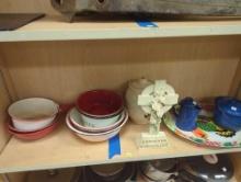 Shelf Lot of Assorted Items Including 1 Large Metal Roaster Platter, 1 Blue Metal Camping Pot, 1