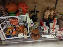SHELF LOT OF ASSORTED ITEMS TO INCLUDE, HALLOWEEN DECOR, WALL HANGING BABY SLEEPING DECOR, A