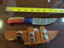 HANDMADE DAMASCUS STEEL DROP POINT KNIFE WITH MULTI COLORED HANDLE. BLADE MEASURES 4.5". COMES WITH