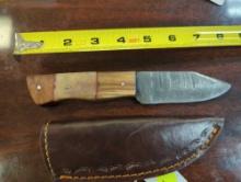 HANDMADE DAMASCUS DAGGER POINT KNIFE WITH MULTI COLORED HANDLE. BLADE MEASURES 4". COMES WITH