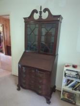 (LR) ANTIQUE GENUINE MAHOGANY FALL FRONT SECRETARY DESK WITH BOOKCASE TOP, FOUR DOVE-TAILED DRAWERS