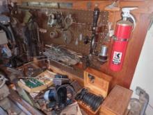 (SHED 2) CONTENTS ON TOP OF WORK BENCH/WALL TO INCLUDE HAND HELD DRILL, FISHING WEIGHTS, FIRE
