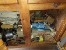 (SHED 2) CONTENTS OF LOWER CABINETS/DRAWERS TO INCLUDE SM. SOCKET SET, MISC. WRENCHES, VINTAGE