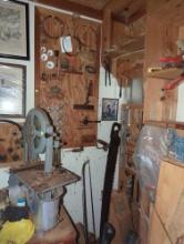 (SHED2) CORNER LOT OF ASSORTED ITEMS TO INCLUDE: CLAMPS, BITS, WRENCHES, A 2-MAN SAW, HAND DRILL,