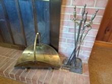 (DEN) LOT TO INCLUDE A VINTAGE 4 PC. BRASS FIREPLACE TOOL SET & A VINTAGE BRASS CLAW FOOT LOG HOLDER