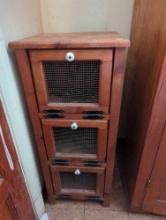 (LAUNDRY) ANTIQUE WOODEN 3 SHELF STORAGE UNIT WITH WIRE MESH FRONT DOORS. MEASURES APPROX 14" X 12"