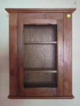 (KIT) ANTIQUE WOODEN WALL CABINET WITH 2 SHELVES. FRONT IS WORE MESH. MEASURES APPROX 16" x 6" x