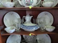 (DR) SHELF LOT TO INCLUDE A ROYAL SOMETUKE NIPPON BLUE AND WHITE FLORAL COVERED DISH, FOSTORIA BLOCK