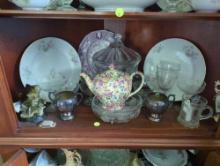 (DR) SHELF LOT TO INCLUDE A 1887 AMERICAN EAGLE COIN DETAILED GLASS COVERED CANDY DISH, VICTORIAN