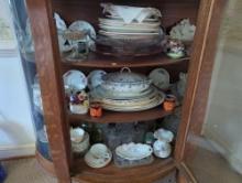 (DR) CONTENTS OF (3) SHELVES TO INCLUDE BONE CHINA DECORATIVE FLOWERS, IRONSTONE TUREEN WITH LID,
