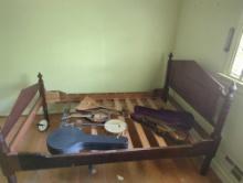 (BR1) FULL SIZED WOODEN BED FRAME WITH TURNED POSTS. COMES WITH SLATS. MEASURES APPROX 55" x 81" x
