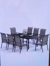 BLACK 9 PIECE METAL EXPANDABLE TABLE PATIO OUTDOOR DINING SET WITH PADDED TEXTILE CHAIRS, APPEARS TO