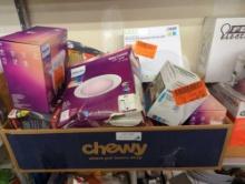 BOX LOT OF ASSORTED ITEMS TO INCLUDE, PHILLIPS DIMMABLE WARM GLOW EFFECT SOFT WHITE 65W, FEIT