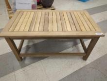 OUTDOOR PATIO ACACIA WOODEN COFFEE TABLE, APPEARS TO BE USED RETAIL PRICE VALUE $180.00.