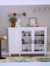 WHITE WOODEN SIDEBOARD, STORAGE CABINET, FOOD PANTRY, CABINET WITH FOUR DRAWERS AND THREE SHELVES