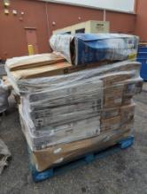 PALLET LOT OF ASSORTED ITEMS TO INCLUDE: GAF POWER ATTIC FAN, 20 BOXES OF HOME DECORATORS COLLECTION