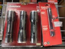 LOT OF 2 ITEMS TO INCLUDE, A MILWAUKEE 100 LUMENS ALUMINUM PIN LIGHT NEW, AND HUSKY 3 PACK LED
