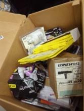 Box lot of assorted items including a tote organizer, box of 20 poly alloy tee pieces, two packs of