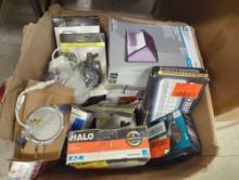 BOX LOT OF ASSORTED ITEMS INCLUDING DEFIANT OUTDOOR PLUG-IN LIGHT SENSING TIMER, FEIT ELECTRIC
