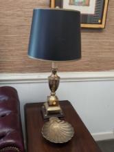 (LOBBY) 2 PC. LOT TO INCLUDE A BRASS FOOTED CANDLE STICK STYLE TABLE LAMP WITH BLACK AND GOLD TONE