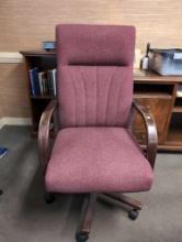 (OFC3) RED UPHOLSTERY WOODEN ROLLING OFFICE CHAIR. DOES DISPLAY SOME WEAR. IT MEASURES APPROX. 24"W