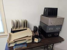 (OFC5) LOT OF MISC. OFFICE SUPPLIES TO INCLUDE (2) TWO DRAWER METAL TABLE TOP FILE DRAWERS,