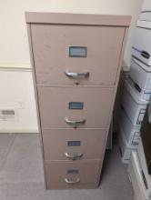 (OFC6) HEAVY BROWN METAL FOUR DRAWER LATERAL FILE CABINET. DOES DISPLAY SOME SCRATCHES. IT MEASURES
