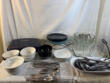 Assorted kitchen, mirrors, a lot. George Foreman grill, Pyrex, mixing bowls, plates, bowls,