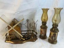 Vintage brass, and tin music box with Hong Kong oil lamps