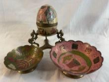 Vintage brass dragon egg holder with decorative brass bowls
