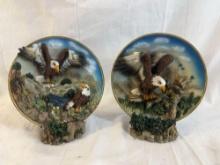 Set of two decorative resin eagle plates with stands