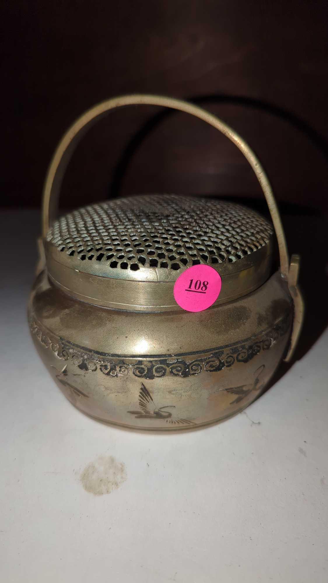(FOY) ANTIQUE CHINESE BRASS HAND WARMER, DEPICTS FLYING CRANES ON THE BASE, NO OTHER IDENTIFYING