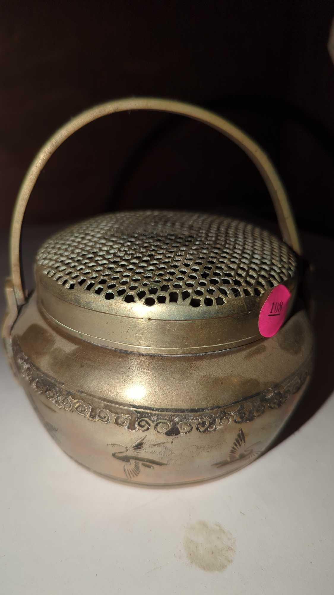 (FOY) ANTIQUE CHINESE BRASS HAND WARMER, DEPICTS FLYING CRANES ON THE BASE, NO OTHER IDENTIFYING