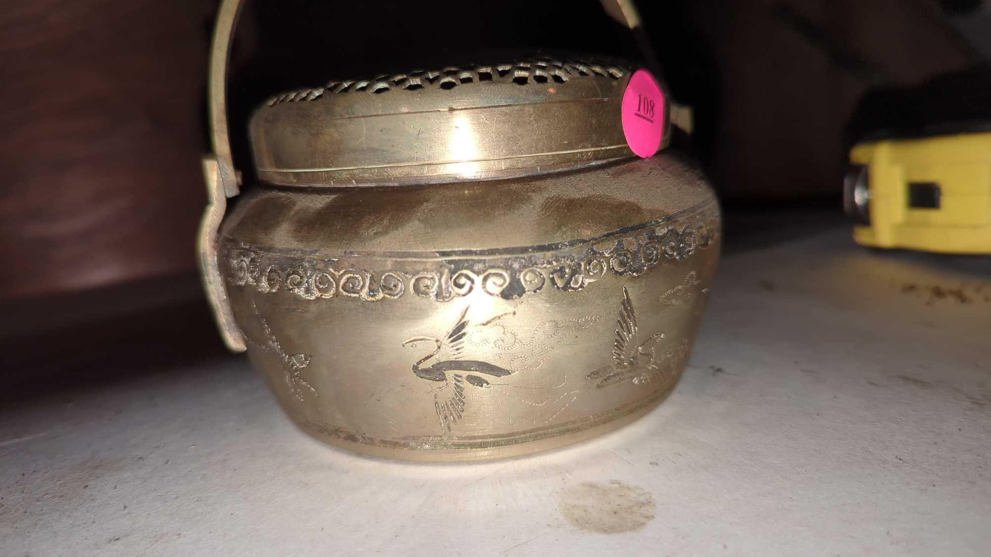 (FOY) ANTIQUE CHINESE BRASS HAND WARMER, DEPICTS FLYING CRANES ON THE BASE, NO OTHER IDENTIFYING