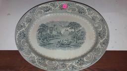 ANTIQUE IRONSTONE TRANSFERWARE PLATTER, ONLY 1 MARKING "B", DEPICTS PEOPLE, ARCHITECTURE, AND