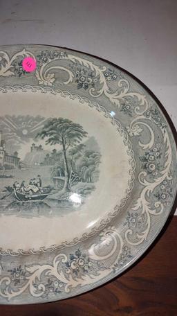 ANTIQUE IRONSTONE TRANSFERWARE PLATTER, ONLY 1 MARKING "B", DEPICTS PEOPLE, ARCHITECTURE, AND