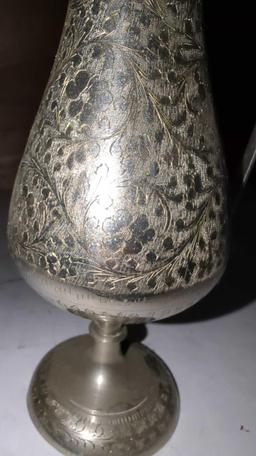 (FOY) INDIAN METAL EWER, HIGHLY DECORATED, TAP STAMPED INDIA, 11"H