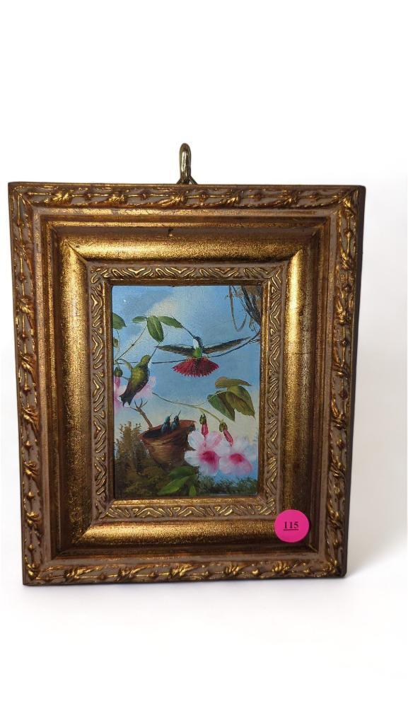 (FOY)FRAMED PAINTING ON BOARD, HUMMINGBIRDS IN NATURE, GOLD FRAME, 8 5/8"W 7 1/4"L