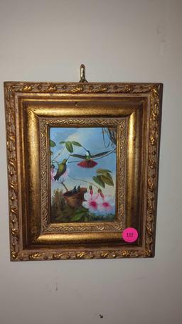 (FOY)FRAMED PAINTING ON BOARD, HUMMINGBIRDS IN NATURE, GOLD FRAME, 8 5/8"W 7 1/4"L