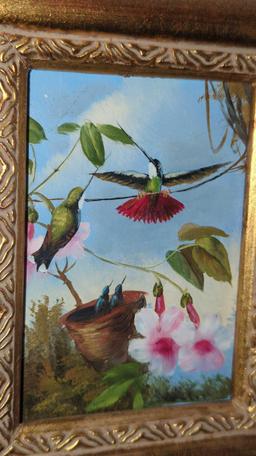 (FOY)FRAMED PAINTING ON BOARD, HUMMINGBIRDS IN NATURE, GOLD FRAME, 8 5/8"W 7 1/4"L