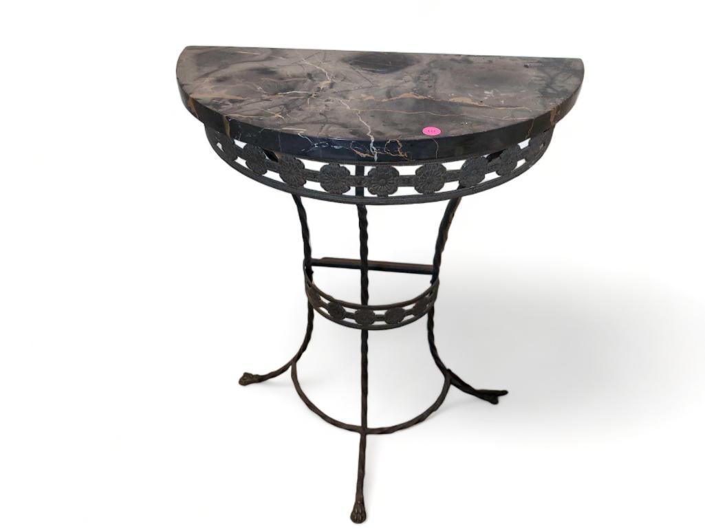 (FOYER) MID CENTURY NEOCLASSICAL WROUGHT IRON DEMILUNE HALL TABLE WITH BLACK GRANITE TOP, BRASS