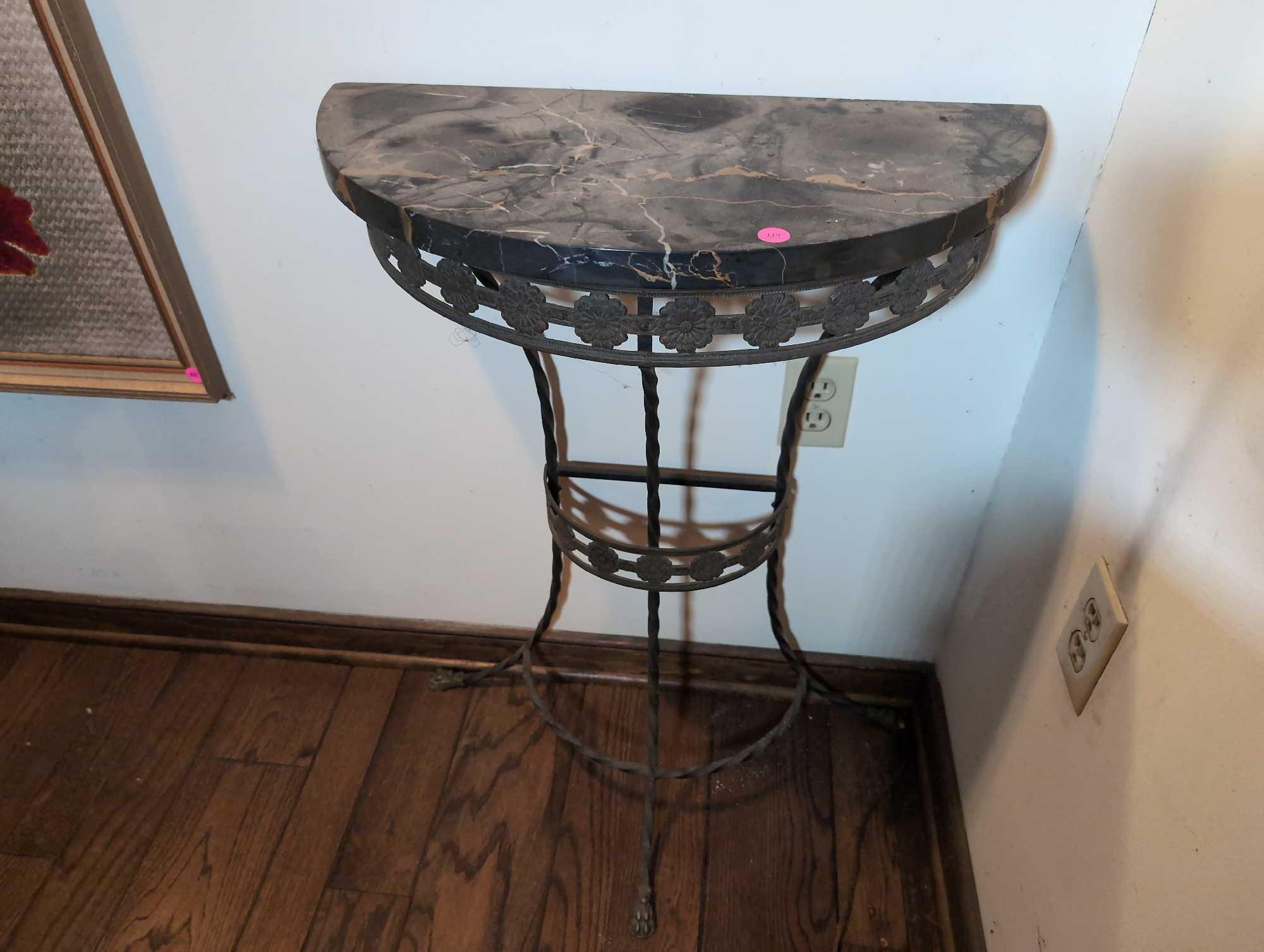 (FOYER) MID CENTURY NEOCLASSICAL WROUGHT IRON DEMILUNE HALL TABLE WITH BLACK GRANITE TOP, BRASS